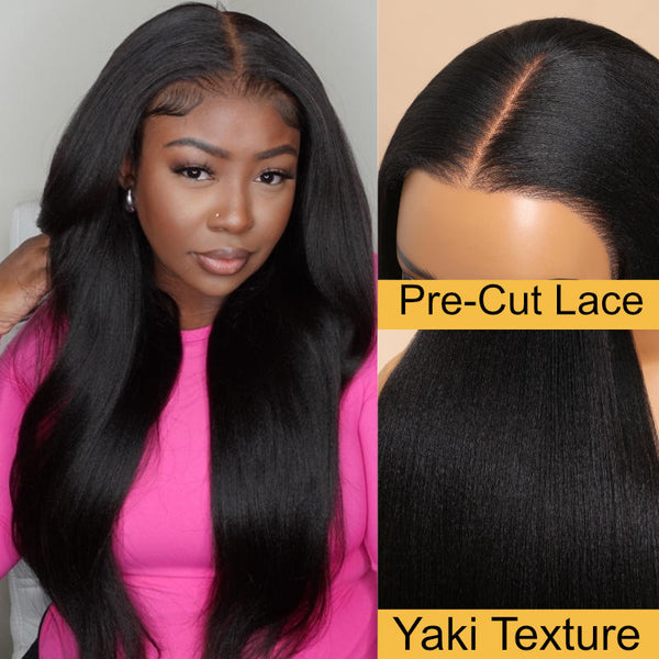 Sunber Yaki Straight Glueless Pre-cut 7x5 Bye Bye Knots Lace Closure Wig With Bleach Knots