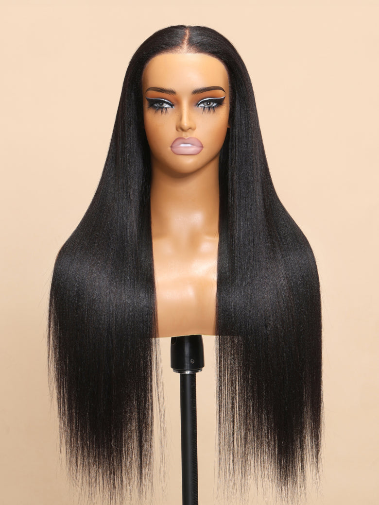 Sunber Yaki Straight 7x5 Glueless Lace Wig With Elastic Drawstring -Pull And Go &amp; Bleach Knots &amp; Pre-cut