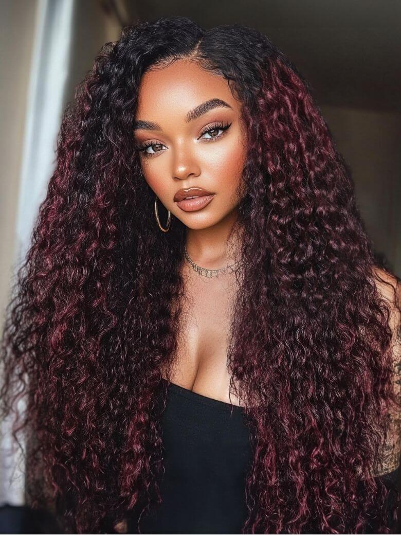 Sunber Water Wave 13x4 Pre Everything Lace Frontal Burgundy Wig With Dark Roots Dark Flash Sale