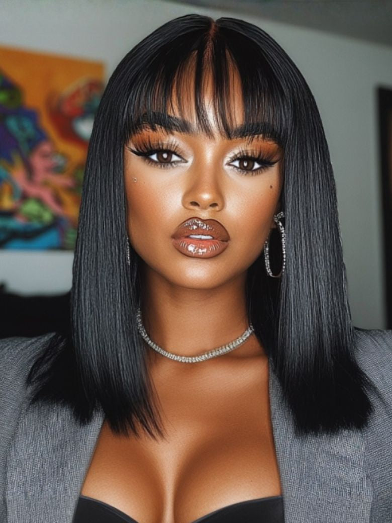 Sunber Yaki Straight Human Hair Glueless Wig with Blunt Cut Bangs Natural Black Color Flash Sale