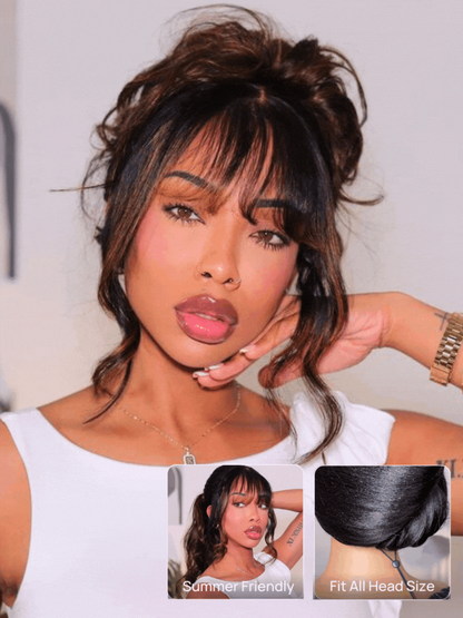 Sunber Pre-Everything 13x4 Lace Frontal Loose Wave Wigs with Bangs-Fluffy Hair  3D Dome Cap &amp; Glueless