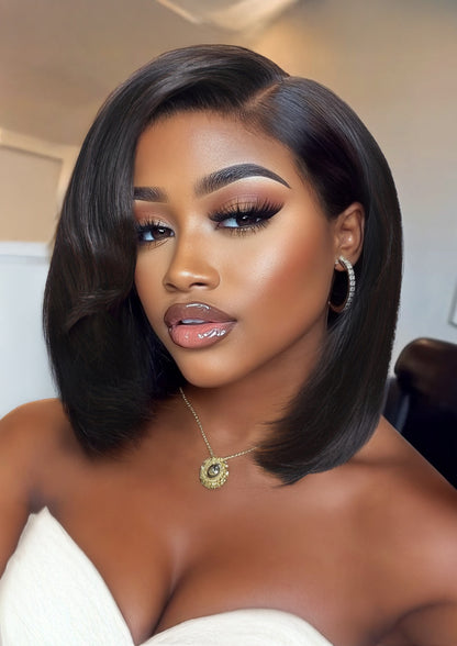 Sunber 7x5 Pre Cut Rachel-Inspired Blunt Layered Shoulder-Length Silky Straight Bob Lace Wig With Side Part Bangs Flash Sale