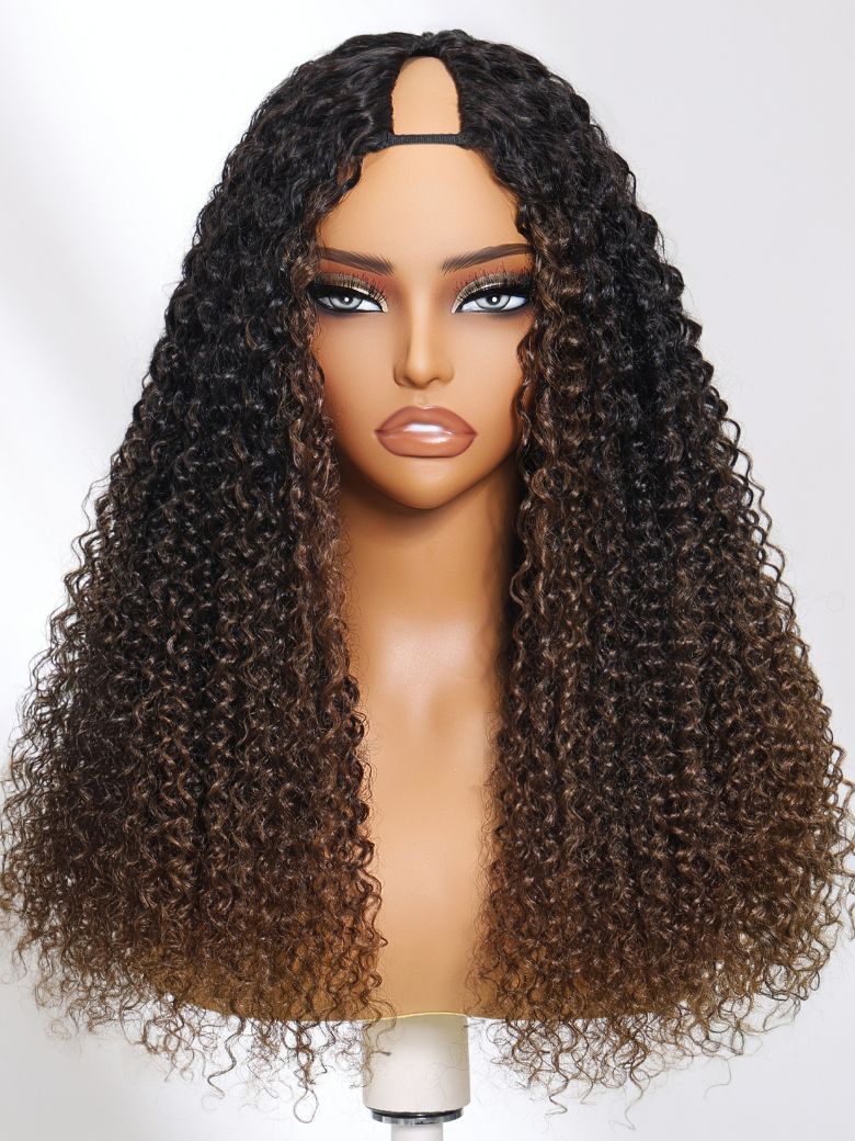 Sunber Full Finger Coils 7x5 Bye Bye Knots/V Part Chestnut Brown Lace Wig With Spiral Curls Water Curly Twist Out At The End