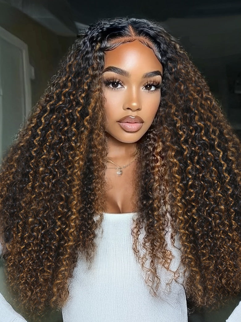 $100 OFF | Sunber Brown Highlights with Dark Roots Jerry Curly Upgraded V Part Wig