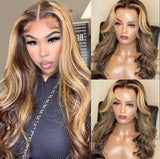 Sunber Honey Blond Highlight 13X4 Human Hair Wig With Bangs Body Wave Virgin Human Hair