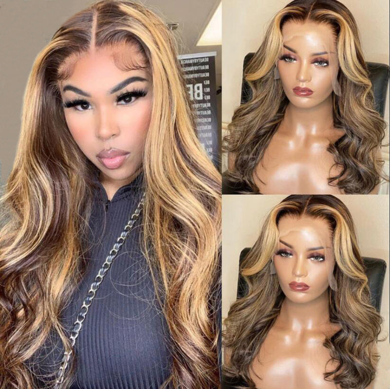 Sunber Honey Blonde Highlight Piano Color Lace Wig 13x4 Lace Front Wig Body Wave Human Hair