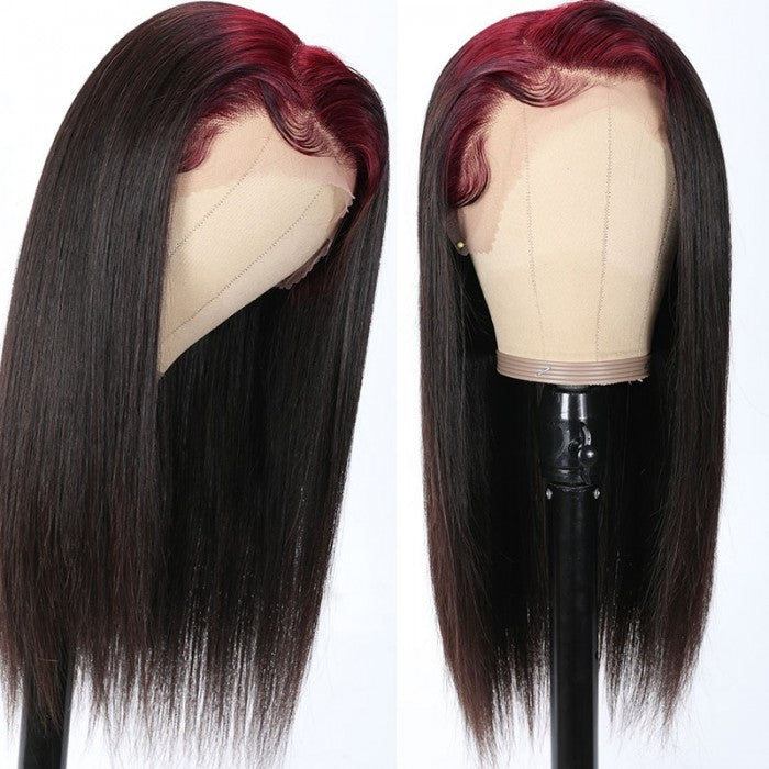 Sunber Skunk Stripe Hair Sparkle Burgundy 99J Roots Straight 13x4 Lace Frontal Wigs