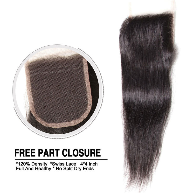 Brazilian Straight Hair 4 Bundles With Lace Closure, 100% Unprocessed Human Weaves - Sunberhair