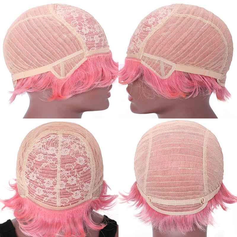 Sunber Pink Curly Human Hair Short Pixie Wigs With Side Part 150% Density 8 Inch