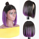 Sunber Short Bob Wig Natural Black with Hidden Purple Color PU Silk Lace Fake Scalp Wig Underlight Human Hair Wig