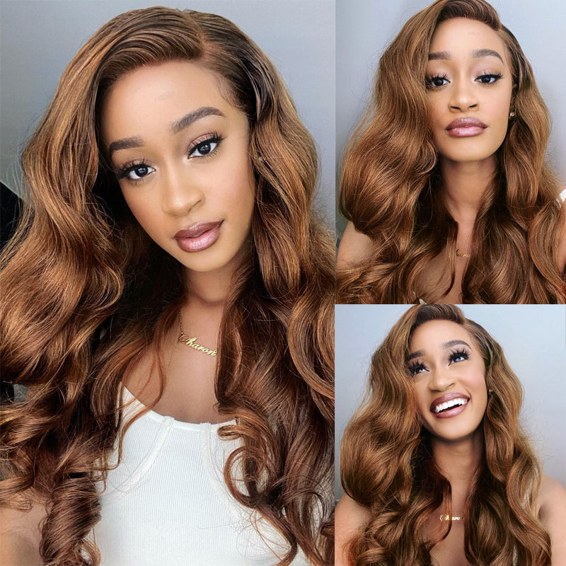 Sunber Voluminous Bouncy Curls Loose Wave Wigs Auburn Highlight Color Lace Front Wigs 180% Density