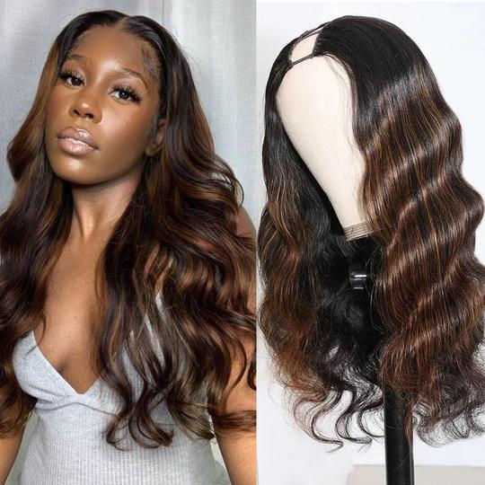 Sunber 18inch Mix Brown Highlights Body Wave U Part Wig Get Free Bob Wig Buy 1 Get 1 Free Flash Sale