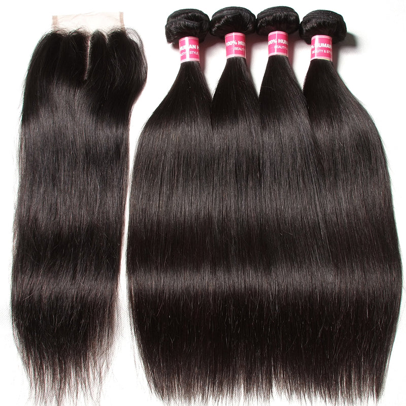 Virgin Peruvian Hair Straight Hair 4 Bundles With 4*4 Lace Closure, Hotsale Peruvian Hair Weaves - Sunberhair