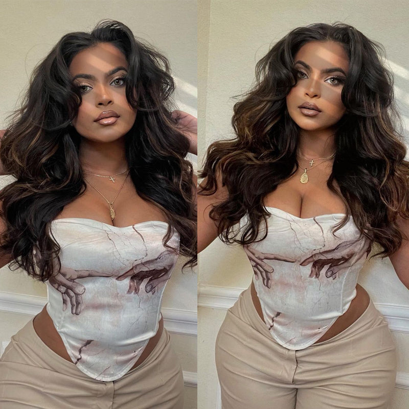 Sunber Youtuber AlwaysAmeera Recommend U Part Wigs Mix Brown Highlight Colored Body Wave Human Hair Wigs