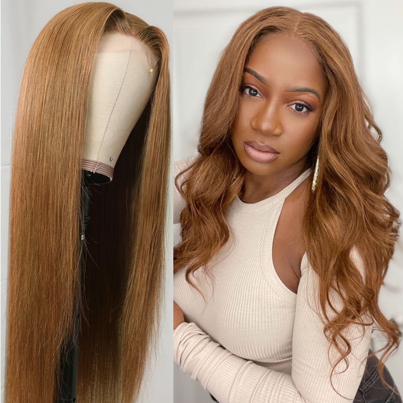 Sunber Trendiest Highlight Ginger Brown 8# Color Hand Skin Melt Lace Front Wig Virgin Human Hair Wigs