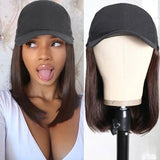 Sunber Straight Cap Wigs with Baseball Hat Natural Black Virgin Glueless Human Hair Wigs