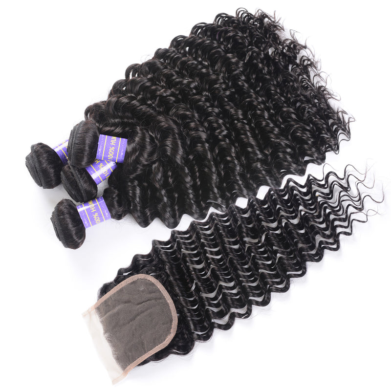 Sunber Deep Wave 4 Bundles Human Hair Weave With 4x4 Lace Closure Free Part