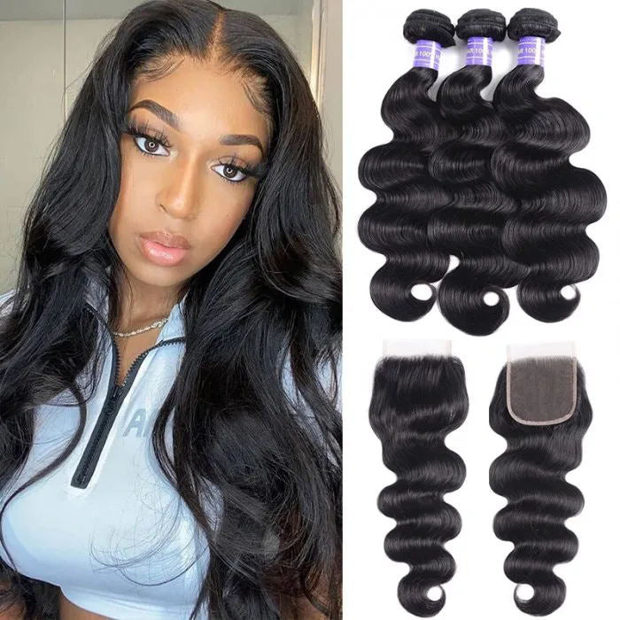 Sunber Brazilian Body Wave Affordable Remy Human Hair 3 Bundles With 4x4 Swiss Lace Closure