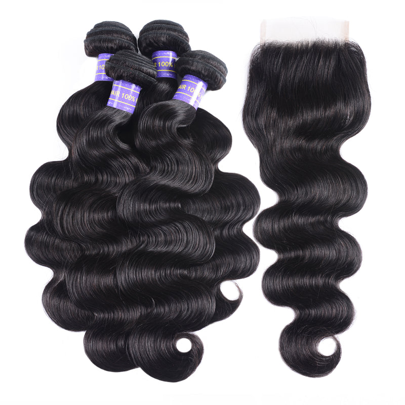 Sunber Hair Indian Human Hair New Remy Hair Body Wave 4 Bundles With 4*4 Lace Closure Good Quality