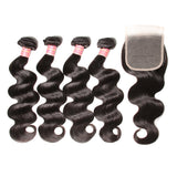 Sunber Hair Body Wave Hair 4 Bundles With 4*4 Transparent Lace Closure, 100% Human Virgin Hair Bundles