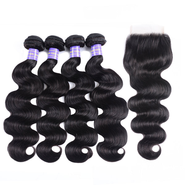 Sunber Hair Indian Human Hair New Remy Hair Body Wave 4 Bundles With 4*4 Lace Closure Good Quality