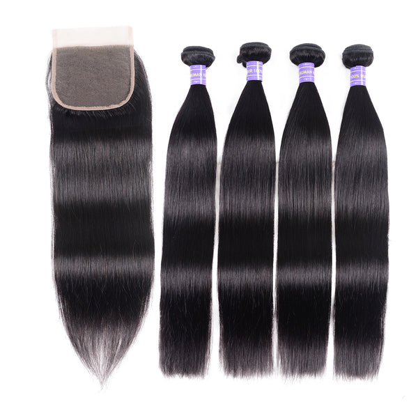 Sunber Hair Malaysian Remy Human Hair Black Color Silky Straight Hair 4 Bundles With 4x4 Lace Closure