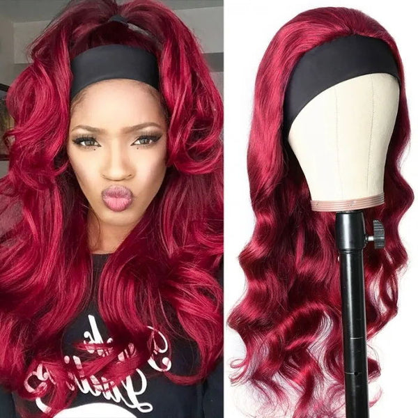 Sunber Burgundy 99J Color Headband Wig Body Wave Hair Wigs With Pre-attached Scarf Glueless None Lace Front Human Hair Wigs