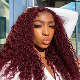 BOGO Sunber Jerry Curly 99J Red Burgundy Lace Closure Wig 180% Density Lace Front Human Hair Wigs