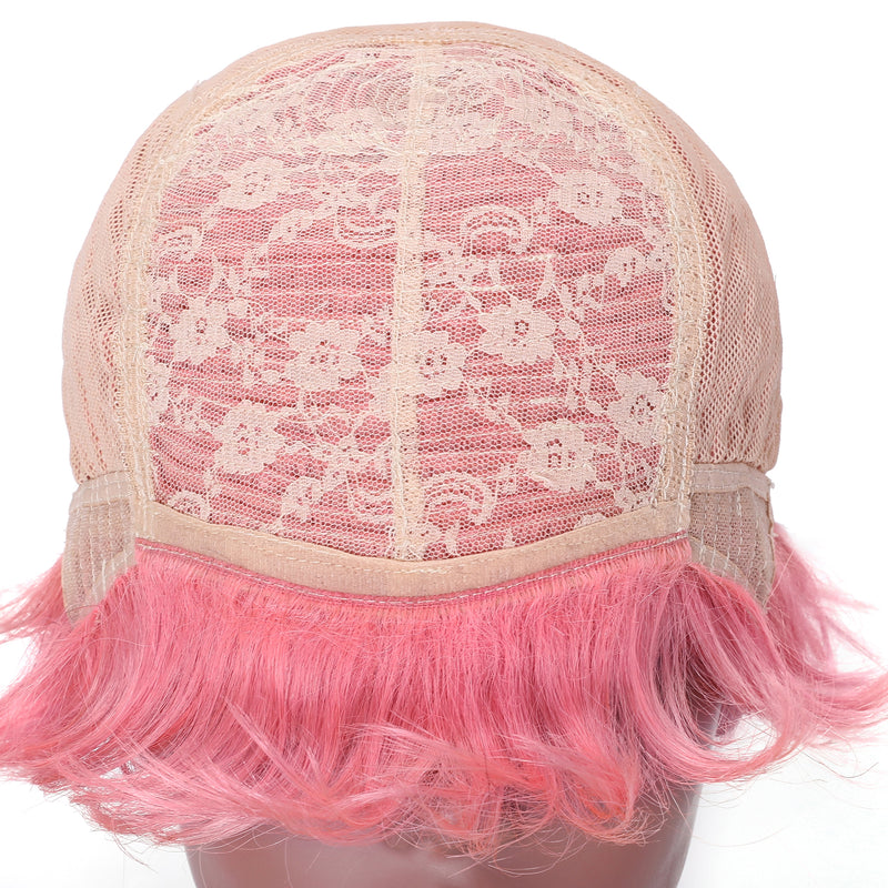 Sunber Pink Curly Human Hair Short Pixie Wigs With Side Part 150% Density 8 Inch