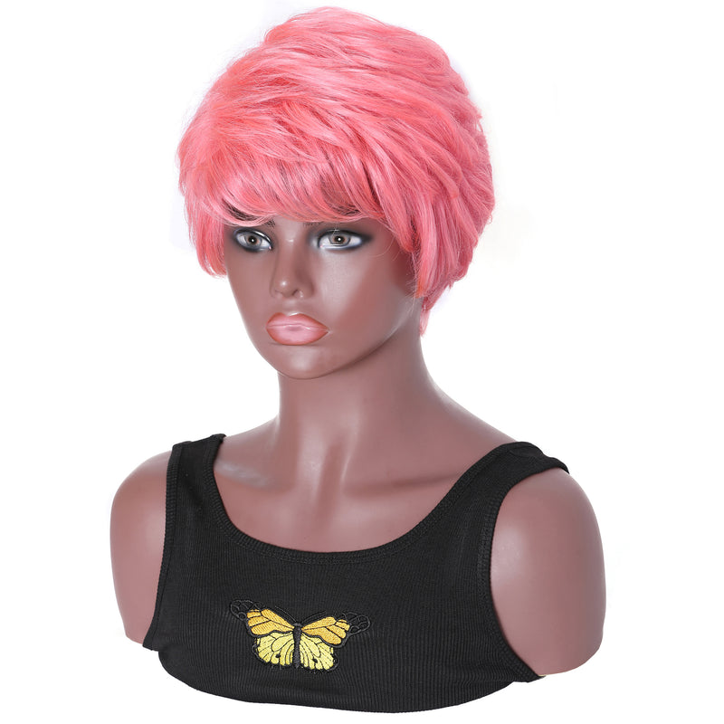 Sunber Pink Curly Human Hair Short Pixie Wigs With Side Part 150% Density 8 Inch