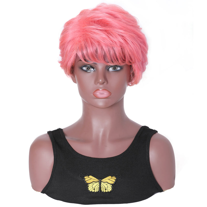Sunber Pink Curly Human Hair Short Pixie Wigs With Side Part 150% Density 8 Inch