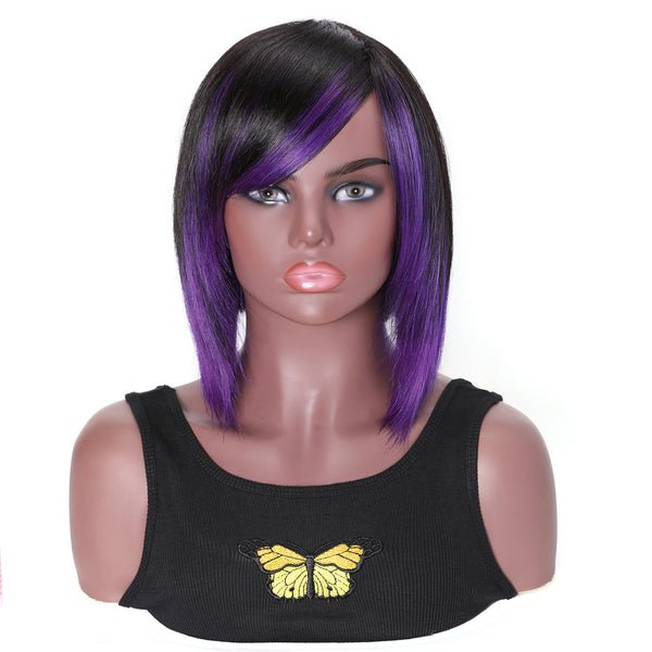 Sunber Highlight Purple Color Layered Bob Wigs With Side Bangs Straight Hair Glueless Wig 150% Density