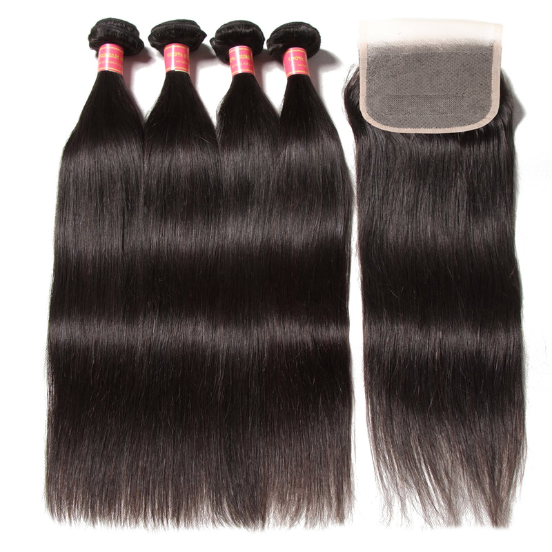 Sunber Hair Straight Hair 4 Bundles With 4*4 Transparent Lace Closure, 100% Human Virgin Hair Bundles