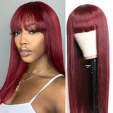 Sunber 99J Wine Red Silk Straight Human Hair Wig with Bangs Burgundy Colored Wigs Glueless Human Hair Wigs