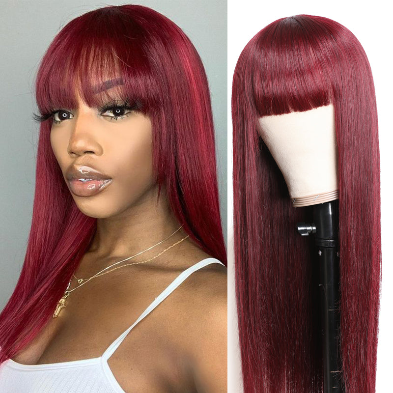 Sunber 99J Wine Red Silk Straight Human Hair Wig with Bangs Burgundy Colored Wigs Glueless Human Hair Wigs