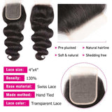 Sunber Hair Body Wave Hair 4 Bundles With 4*4 Transparent Lace Closure, 100% Human Virgin Hair Bundles