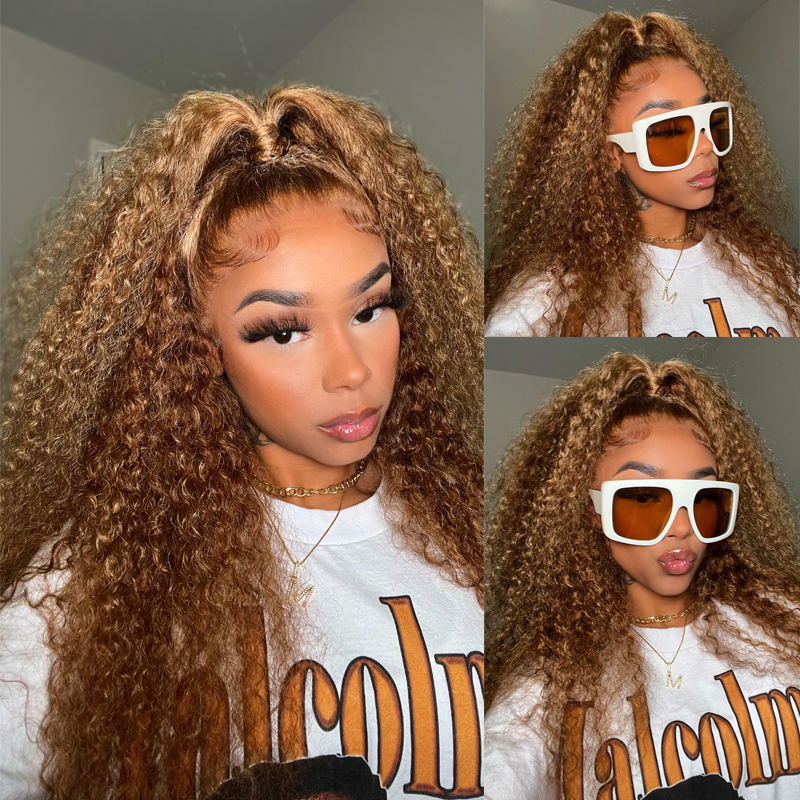 【22”=$95】Sunber $100 Off Honey Blonde Highlight Lace Front Curly  Wigs 100% Human Hair Wig
