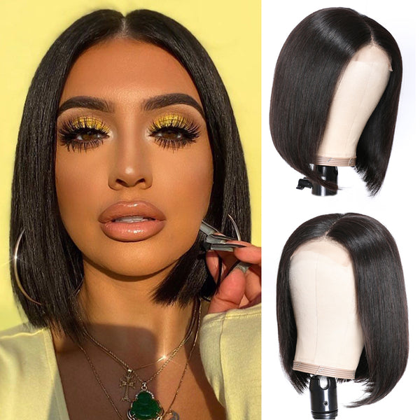 Sunber Short Straight Bob Wigs 4x4 Lace Closure Front Wigs Pre-Plucked Virgin Human Hair Wigs 150% Density