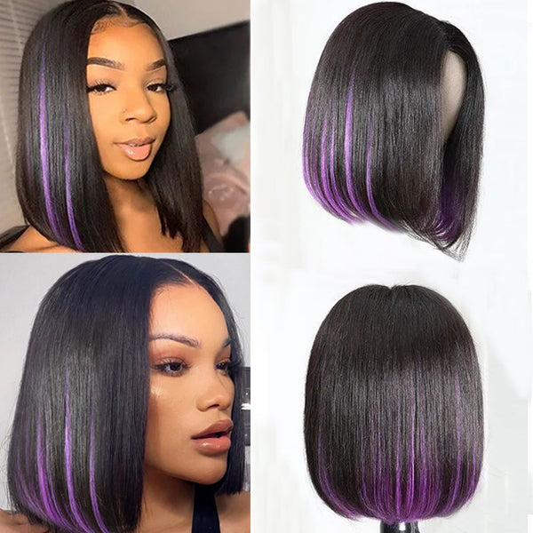 Sunber Short Bob Wig Natural Black with Hidden Purple Color PU Silk Lace Fake Scalp Wig Underlight Human Hair Wig