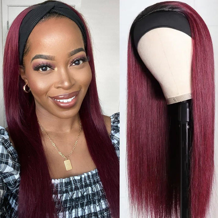 Sunber Ombre 99J Burgundy Color Straight Headband Wigs with Black Root 150% Density Glueless Human Hair Wigs