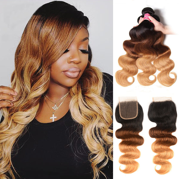 Sunber Hair Ombre Hair T1b/4/27 Color Body Wave Hair 3 Bundles with Lace Closure 100% Human Hair