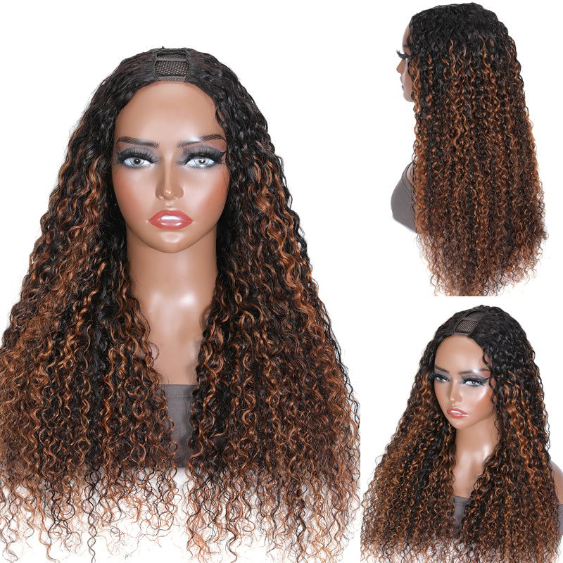 180% Density Sunber Zero Skill Needed Balayage Highlight Full Curly U Part Human Hair Wigs Flash Sale