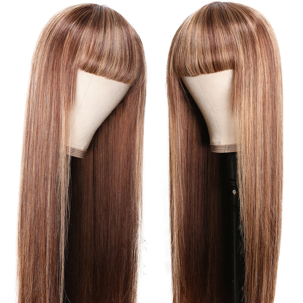Sunber TL4/12 Honey Blond Highlight Human Hair Wig With Bangs Virgin Human Hair Machine Made Wigs