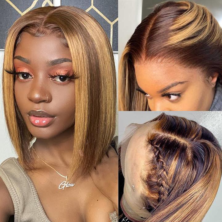 Sunber Brown Highlight Wavy Side Part Bob 13x4 Lace Front Wig With Caramel Highlights