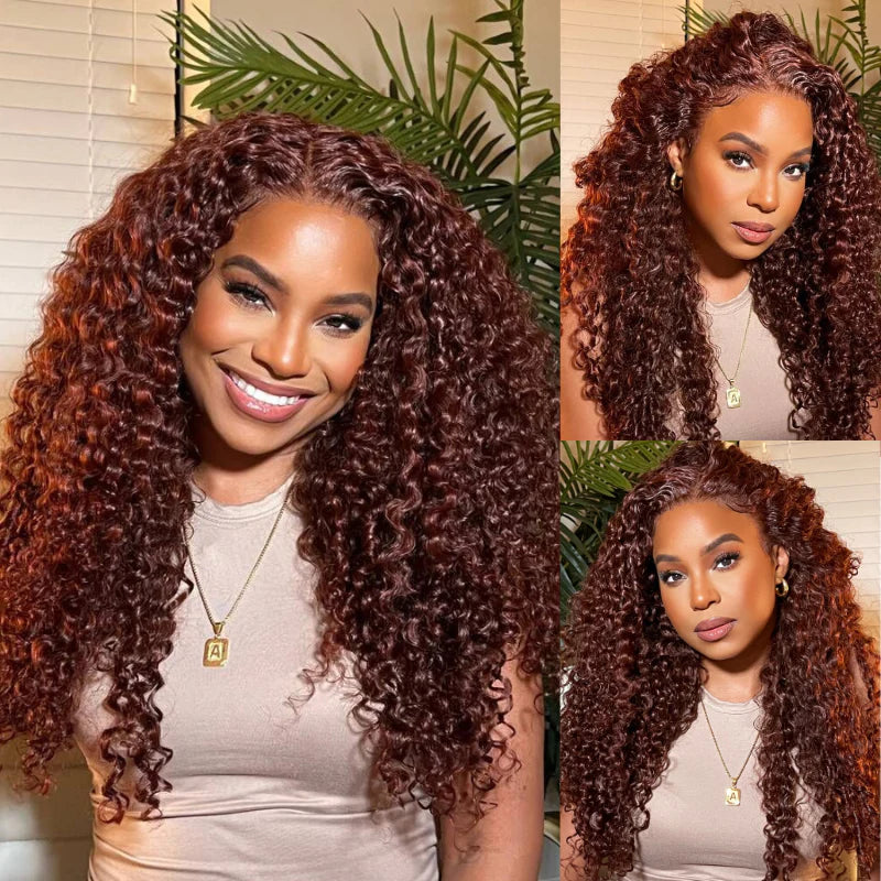 50% OFF Sunber Reddish Brown Jerry Curly 13x4 Lace Front Wig Real Human Hair