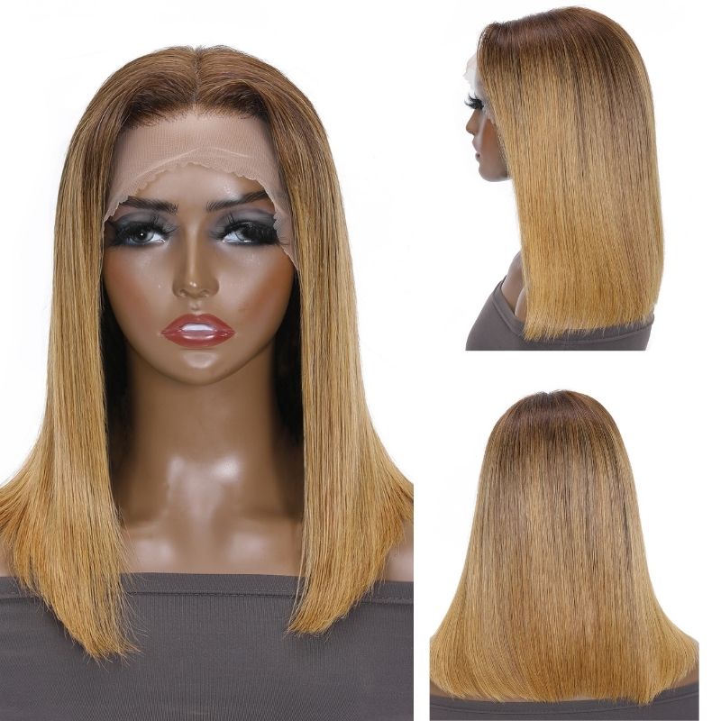Sunber Golden Blonde With Dark Roots Layered Lob 13x4 lace front wig Short Bob Wig
