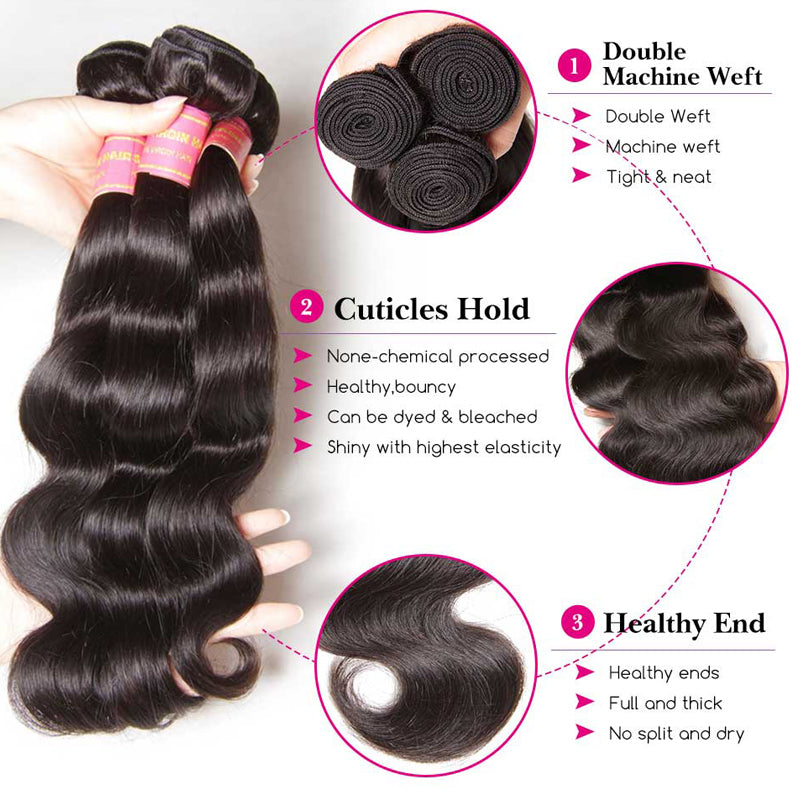 Sunber Hair Brazilian Body Wave 3 Bundles With Closure, Deals on Bundles of Brazilian Virgin Hair Weave