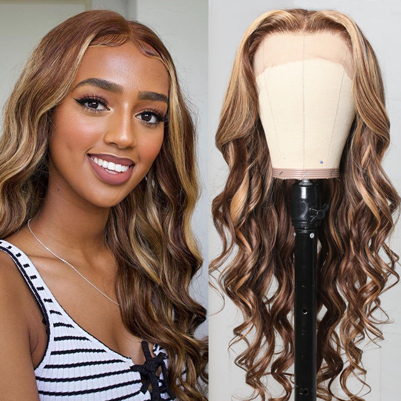 Sunber Honey Blonde Highlight Piano Color Lace Wig 13x4 Lace Front Wig Body Wave Human Hair