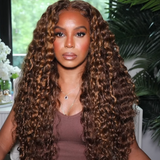 Sunber Piano Brown Highlight Big Curly 13*4 Lace Frontal Wigs Water Wave Wig For Women