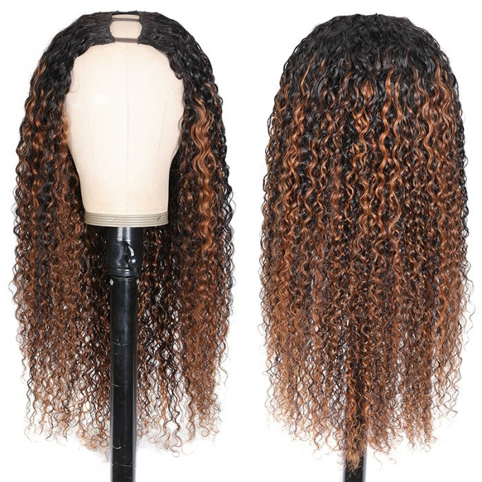 180% Density Sunber Zero Skill Needed Balayage Highlight Full Curly U Part Human Hair Wigs Flash Sale